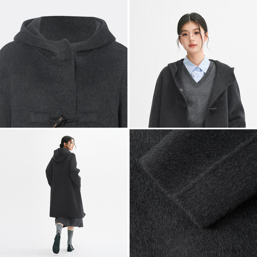 【严选】诗凡黎桑蚕丝连帽牛角扣毛呢外套2024冬新款骆驼绒学院双面呢大衣SF7170121D 商品图3