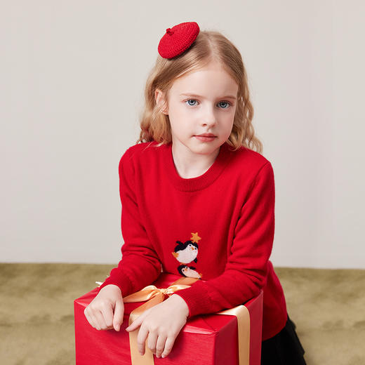 mettekids儿童100%羊绒衫2024秋冬新款男童卡通针织女童红色毛衣 商品图4