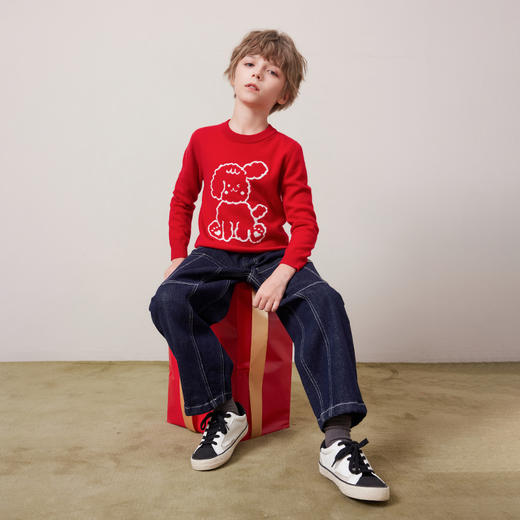 mettekids儿童100%羊绒衫秋冬男童中国红套头毛衣女童针织衫童装 商品图4