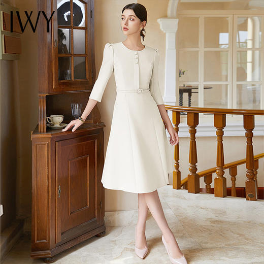 IWY/米白色上班族通勤连衣裙秋装女圆领西装裙七分袖职业装工作服单件Q1173 商品图4