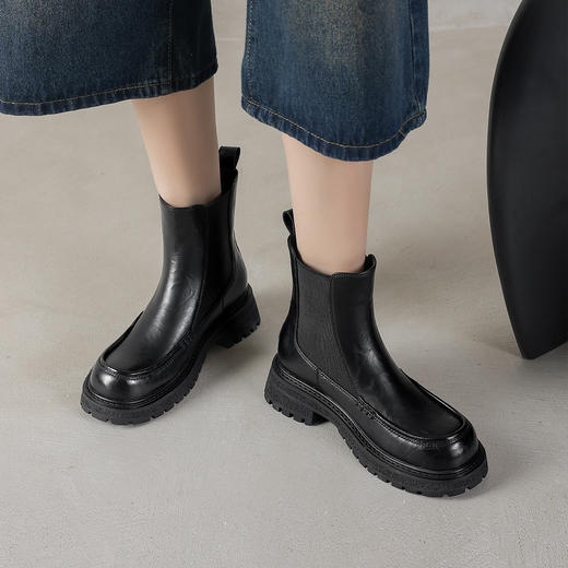 阿么手工女鞋真皮厚底切尔西短靴女拼接英伦风秋冬新款靴子4.5CM 商品图2