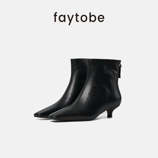 faytobe尖方头短靴25春时尚胎牛皮百搭经典小低跟设计感女瘦瘦靴 商品图0