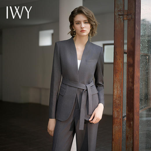 IWY/秋冬新款深灰色西装套装女系带西服外套休闲上班白领职业C14230+P34230 商品图2