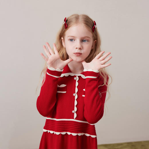 mettekids儿童100%绵羊毛连衣裙冬季女童红色小翻领可机洗针织裙 商品图2
