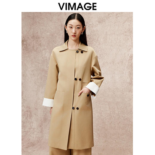 VIMAGE纬漫纪冬季新款直筒宽松翻领中长款风衣外套V2204805 商品图3