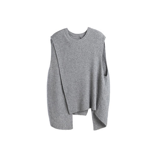 绽放561朵/早秋不规则设计感叠搭毛衫无袖背心圆领烟灰色保暖马甲 商品图4