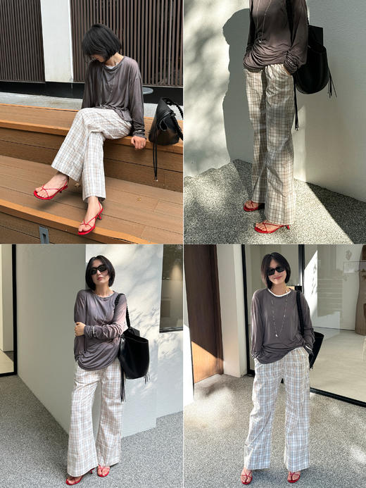 HIDEMI 度假系列极简色织格纹水洗棉感领巾背心阔腿裤套装 背心/长裤 商品图3