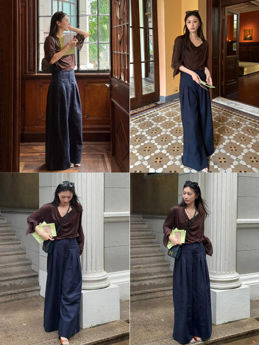 HIDEMI 【超模裤】极简自然水洗亚麻廓形高腰休闲阔腿裤休闲长裤 商品图1