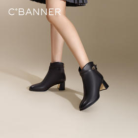 千百度粗高跟奶油靴女款冬季羊皮法式时装靴通勤短靴子A24565712