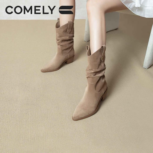 康莉KYQ2K896粗跟堆堆靴冬季新款尖头复古英伦中筒西部牛仔靴骑士靴 商品图4