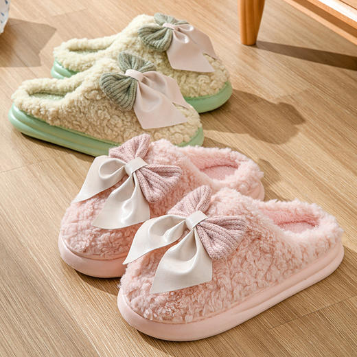【棉拖鞋女蝴蝶结踩屎感】秋冬季厚底防滑棉鞋 室内轻便毛绒保暖毛托月子鞋 商品图0