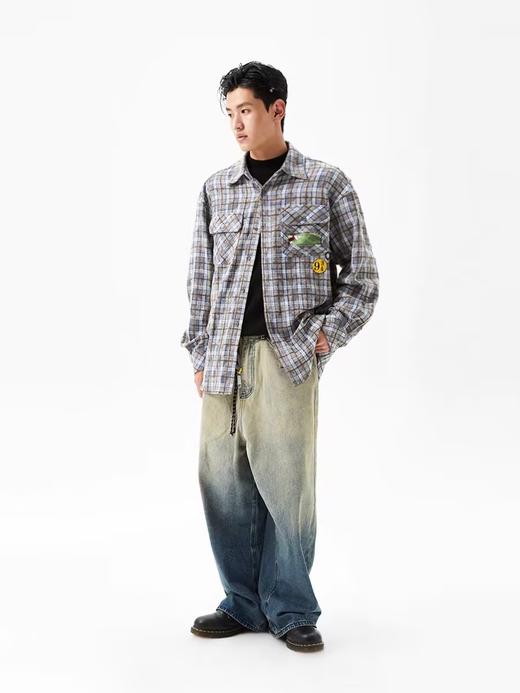 FMACM/CS24200/褪色做旧破坏徽章宽松格纹长袖衬衫 商品图2