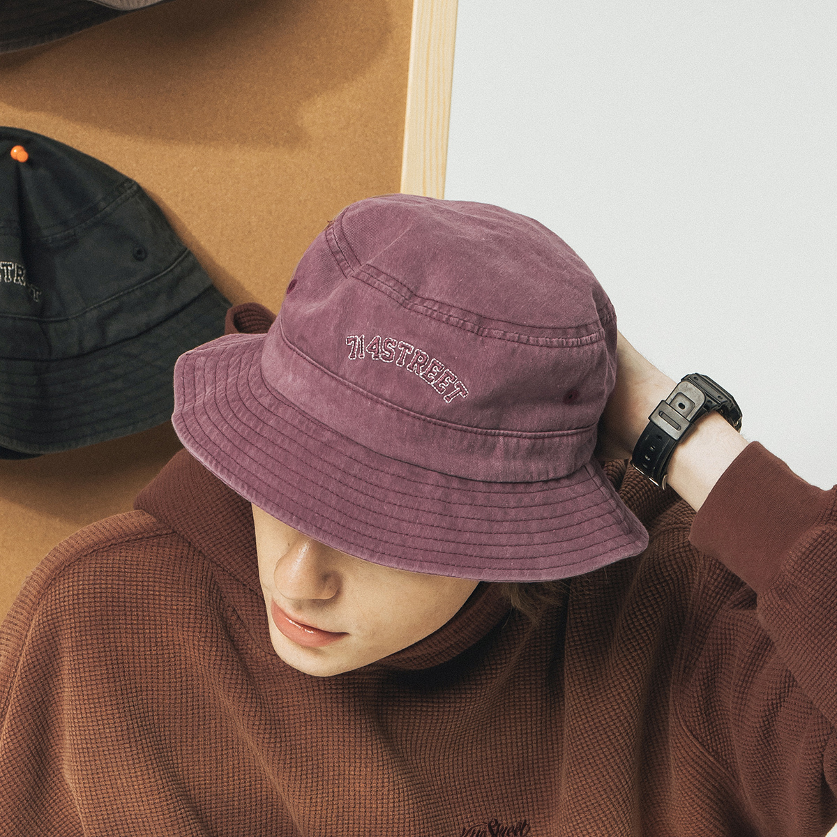 714street潮牌2024新款纯色全棉水洗帆布渔夫帽刺绣帽子