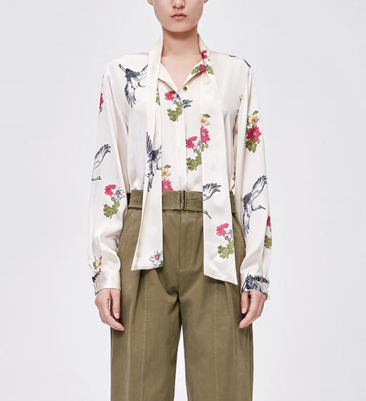 丁摩 重磅真丝衬衫女东方仙鹤桑蚕丝衬衫复古飘带领上衣21-02-DW599 商品图1