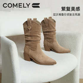 康莉KYQ2K896粗跟堆堆靴冬季新款尖头复古英伦中筒西部牛仔靴骑士靴