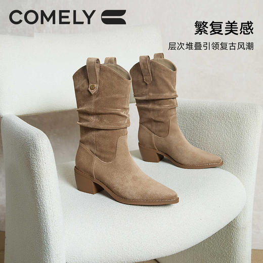 康莉KYQ2K896粗跟堆堆靴冬季新款尖头复古英伦中筒西部牛仔靴骑士靴 商品图0