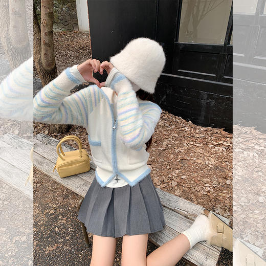 <曾小咸推荐>甜系温柔米白色条纹翻领拉链毛衣 商品图3