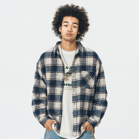 714street格子长袖衬衫男日系复古衬衣潮牌宽松上衣春季休闲外套