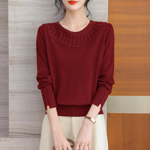 CC-YLSB-40626圆领针织衫上衣女2024秋季新款设计感钉珠宽松时尚毛衣打底衫 商品图0
