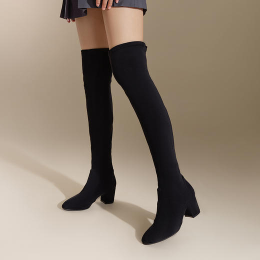 千百度粗高跟弹力靴显瘦袜靴女冬季过膝靴瘦瘦靴高筒长靴A24542851 商品图2