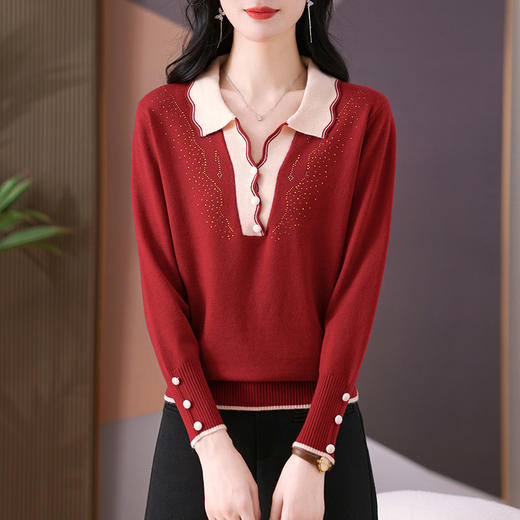 CC-MS-6915    2024早秋羊毛针织衫上衣女减龄翻领宽松毛衣打底衫批发 商品图1