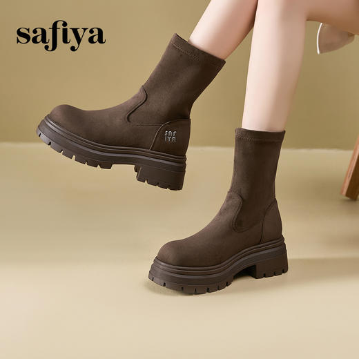 Safiya/索菲娅2024冬英伦风圆头百搭粗跟厚底增高弹力绒面瘦瘦靴 SF44116254 商品图5