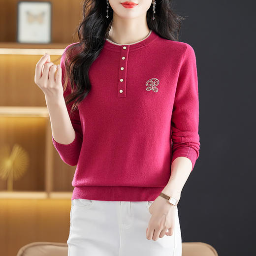 CC-DW-690短款长袖100纯羊毛衫女2024新款秋冬简约圆领打底衫针织毛衣 商品图2
