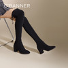 千百度粗高跟弹力靴显瘦袜靴女冬季过膝靴瘦瘦靴高筒长靴A24542851 商品缩略图0