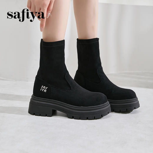 Safiya/索菲娅2024冬英伦风圆头百搭粗跟厚底增高弹力绒面瘦瘦靴 SF44116254 商品图2
