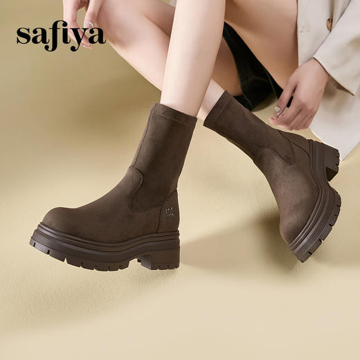 Safiya/索菲娅2024冬英伦风圆头百搭粗跟厚底增高弹力绒面瘦瘦靴 SF44116254 商品图8