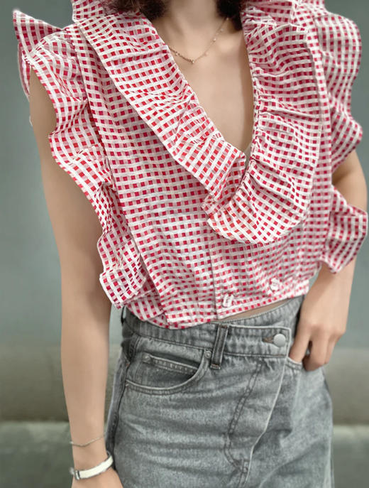 TYNVIE 宽花边装饰双排扣上衣-红格 商品图2