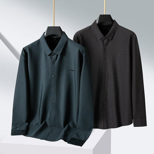 【加绒】【新款DPS】大依优型大码竖条纹长袖衬衫弹力加肥加大胖子上衣男士T恤肥佬打底男装 商品图0