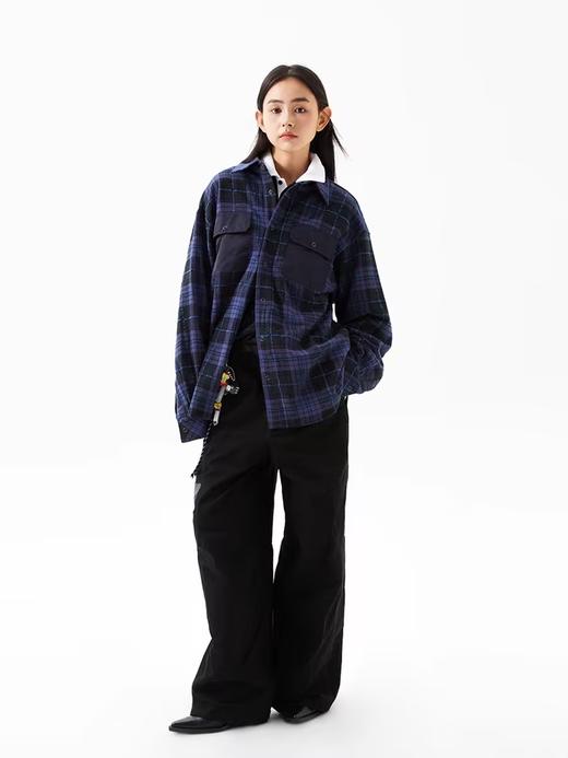 FMACM/CS2420/尼龙拼接俄文链条绣法兰绒格纹磨毛宽松长袖衬衫 商品图1