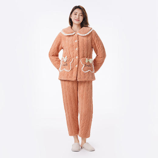 都市丽人睡衣夹棉系列长袖家居服法兰绒烂花夹棉加厚女士夹棉套装LHT1Q8 商品图1