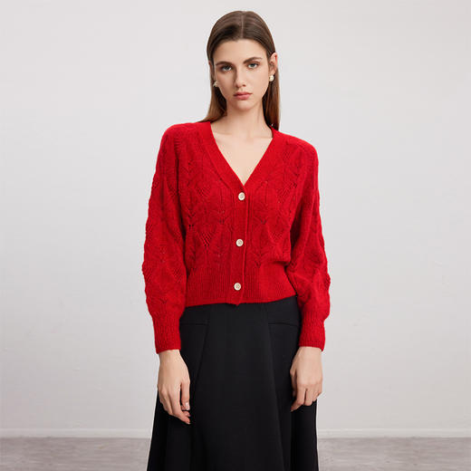 【羊绒+桑蚕丝针织开衫】羊绒世家秋冬新品V领针织开衫时尚镂空针织小外套 商品图3
