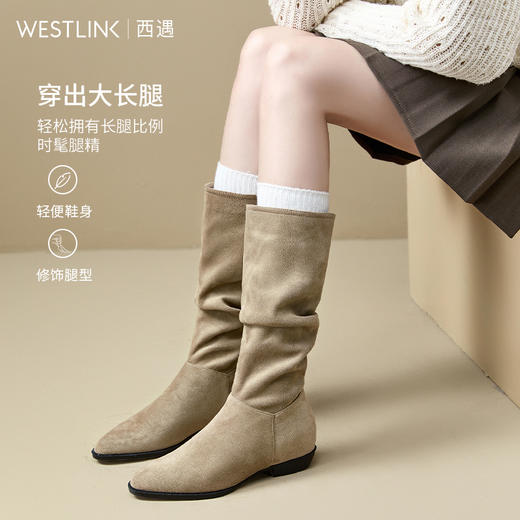 西遇尖头堆堆靴女新款秋冬绒面美拉德西部牛仔靴子棕色长筒靴D3547521 商品图2