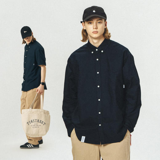 714street简约蓝色长袖衬衫男士日系宽松衬衣港风条纹衬衫外套潮 商品图0