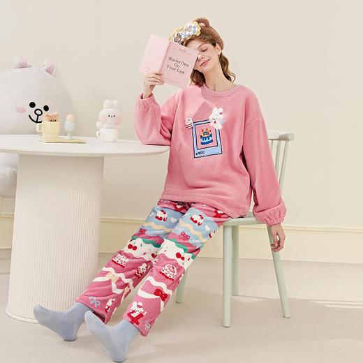 芬腾珊瑚绒女士睡衣秋冬加绒加厚保暖布朗熊套装法兰绒大码家居服 商品图4