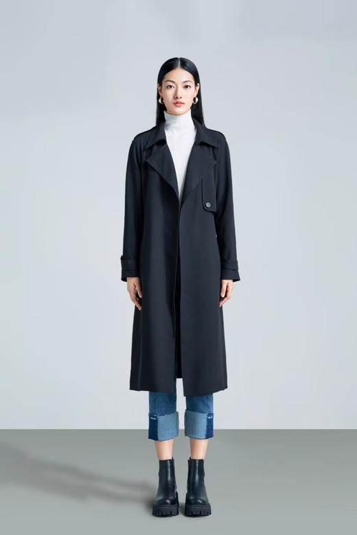 伯妮斯茵 | 极简通勤风 黑色垂感长款风衣 翻领无扣系带外套 春秋气质百搭大衣 HJ3D50 商品图3