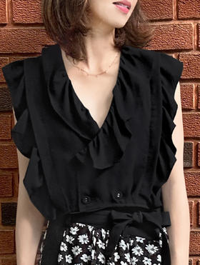 TYNVIE 宽花边装饰双排扣上衣-黑色