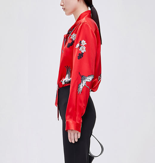 丁摩 重磅真丝衬衫女东方仙鹤桑蚕丝衬衫复古飘带领上衣21-02-DW599 商品图3