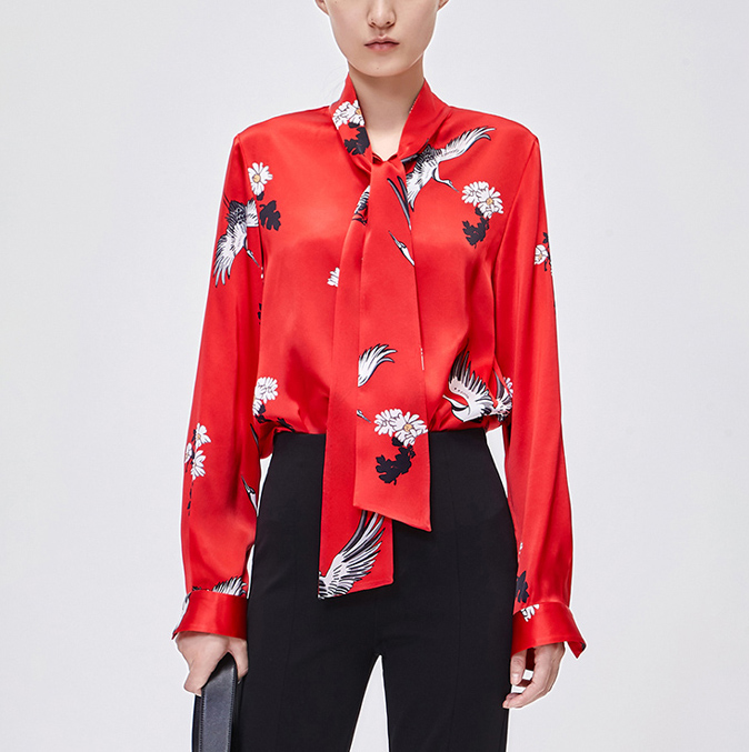 丁摩 重磅真丝衬衫女东方仙鹤桑蚕丝衬衫复古飘带领上衣21-02-DW599