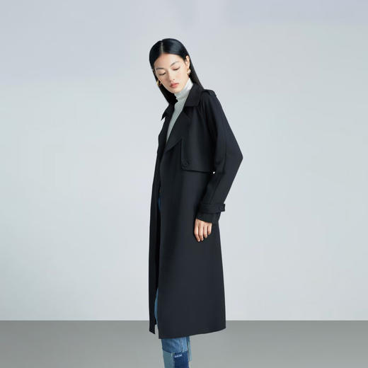 伯妮斯茵 | 极简通勤风 黑色垂感长款风衣 翻领无扣系带外套 春秋气质百搭大衣 HJ3D50 商品图1