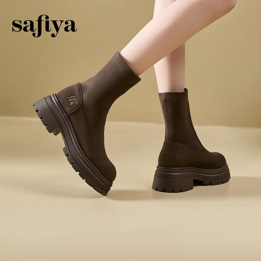 Safiya/索菲娅2024冬英伦风圆头百搭粗跟厚底增高弹力绒面瘦瘦靴 SF44116254 商品图6