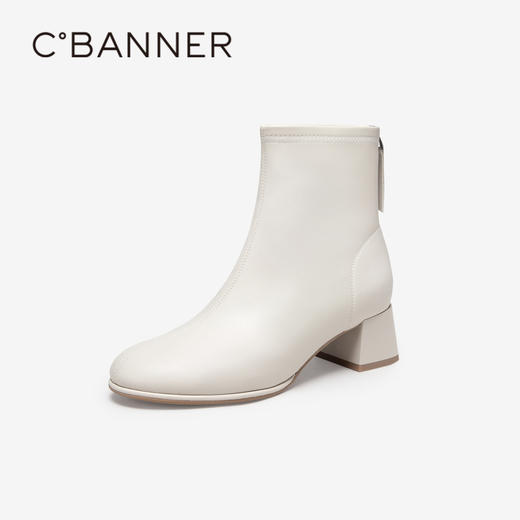 千百度粗高跟真皮时装靴女款冬季白色通勤显瘦气质短靴子A24512421 商品图1