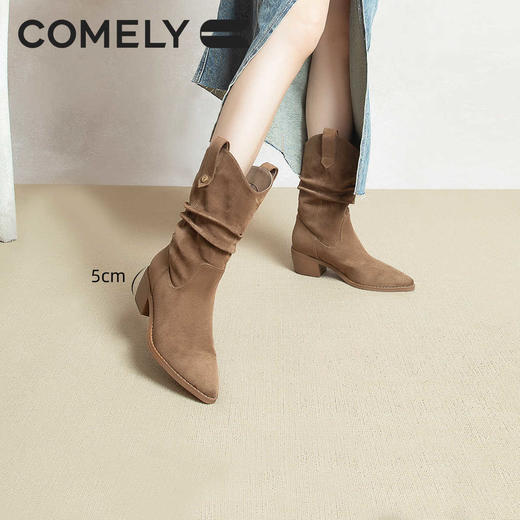 康莉KYQ2K896粗跟堆堆靴冬季新款尖头复古英伦中筒西部牛仔靴骑士靴 商品图3