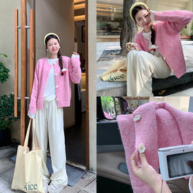 <曾小咸推荐>韩系甜美超显白玫粉色毛衣开衫