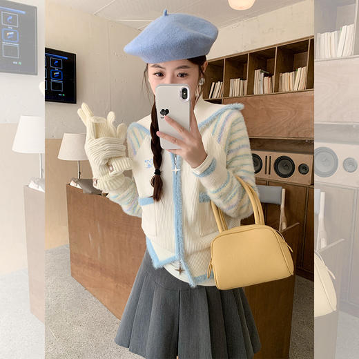 <曾小咸推荐>甜系温柔米白色条纹翻领拉链毛衣 商品图2