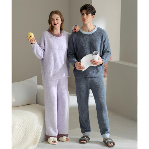 芬腾半边绒情侣睡衣秋冬季加厚女士套装珊瑚绒男款加绒保暖家居服 商品图4