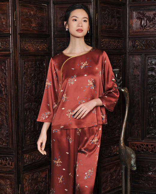 皇锦19姆米真丝印花女士经典中式领长袖分身家居服套装-飞鸟衔花HJ21509 商品图4